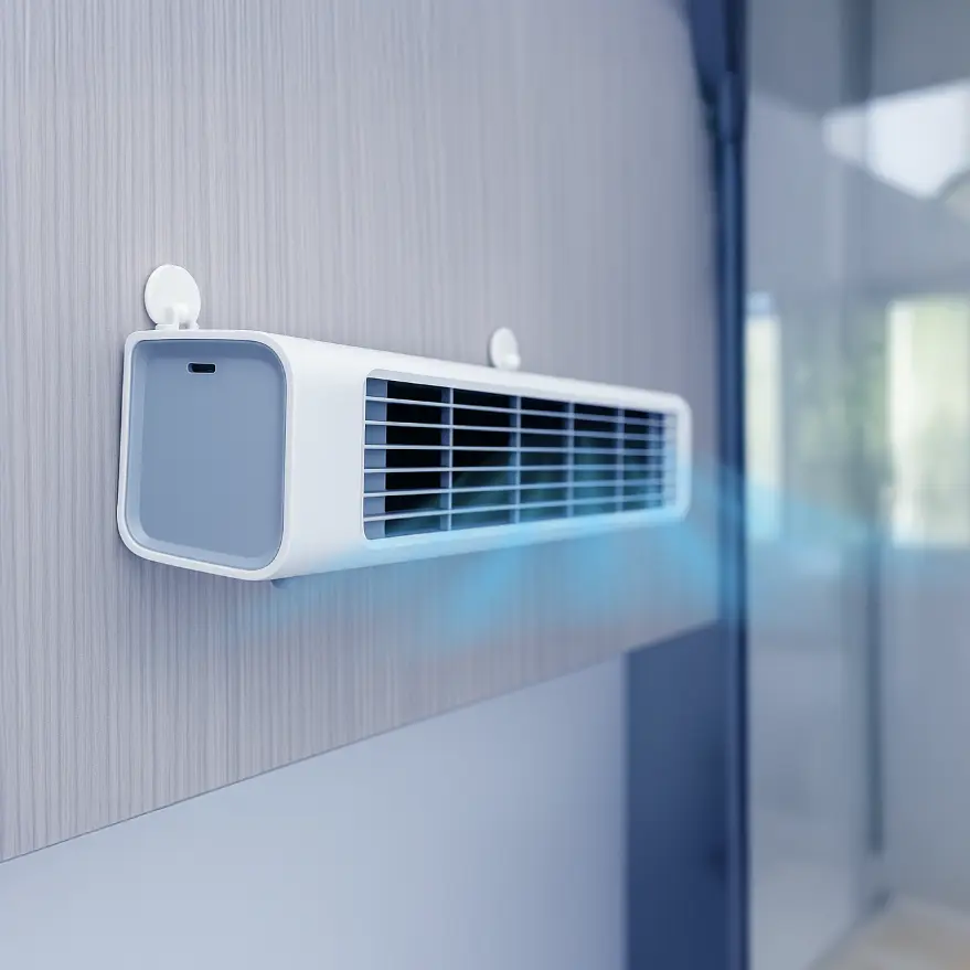 Qinux BreezaMax on a wall and cooling the whole room